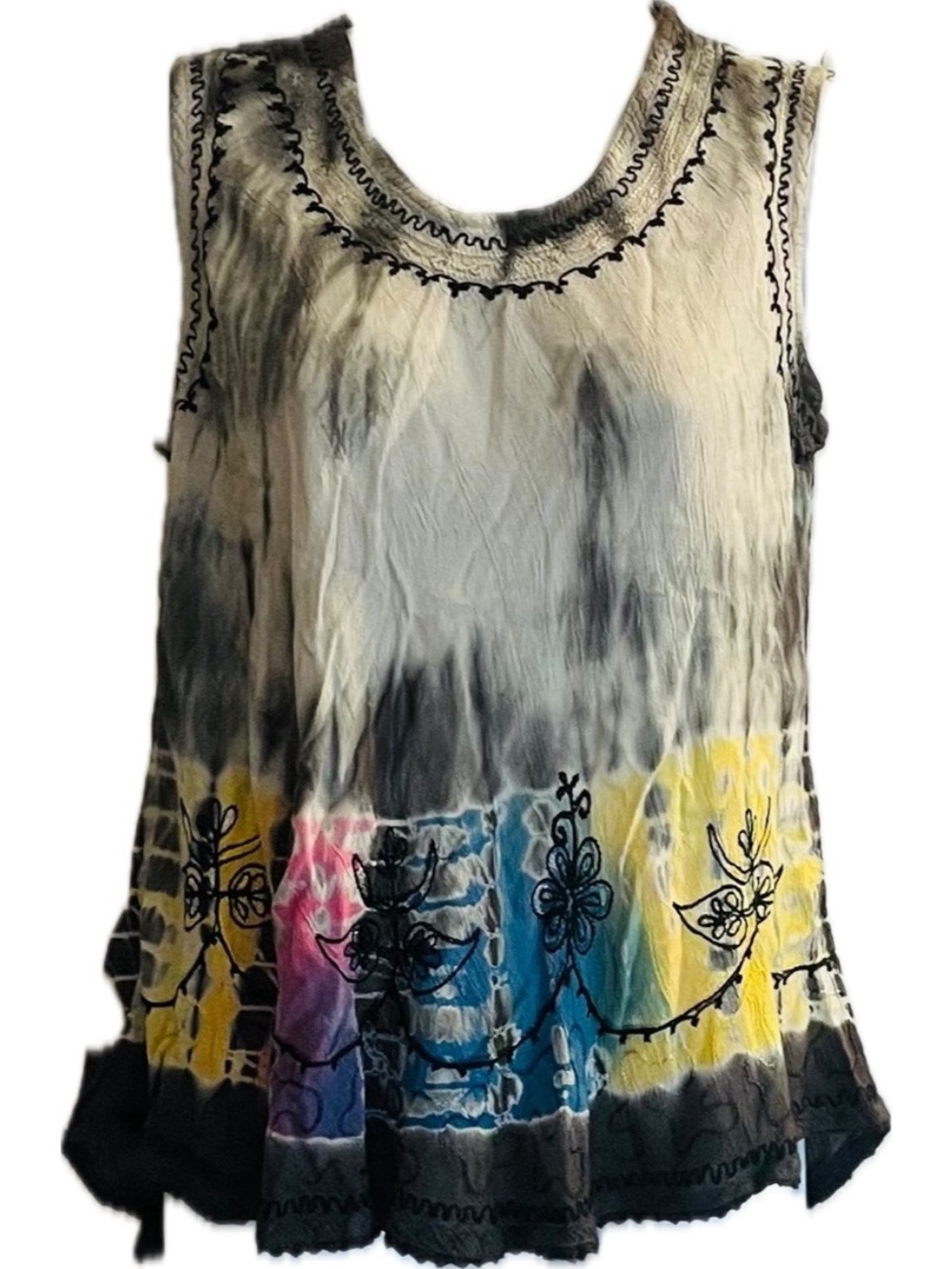 India Boutique Black Tie-Dye Tank with Yellow Blue Pink Accents